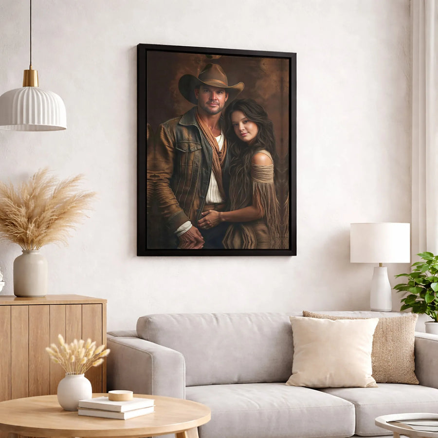 Western Cowboy Couple Canvas Wall Art | Romantic Rustic Portrait | Premium Fade-Resistant Gallery Wrap | Anniversary Gift for Country Couples