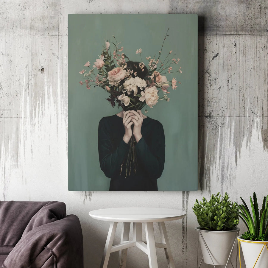 Surreal Floral Portrait Canvas | Moody Botanical Wall Art with Woman Holding Bouquet | Premium Fade-Resistant Print | Modern Dark Academia Home Decor Gift