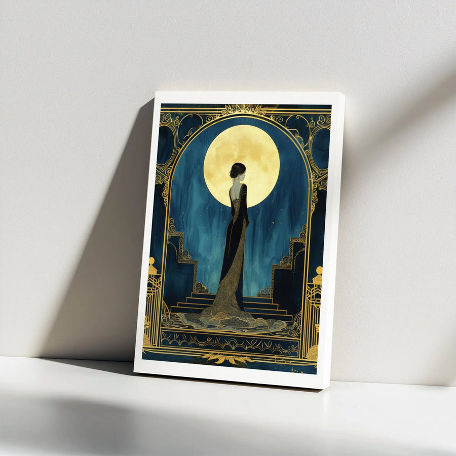 Art Deco Woman Canvas Print | Elegant Full Moon Wall Art | Premium 1.25-Inch Gallery Wrap | Sophisticated Home Decor Gift