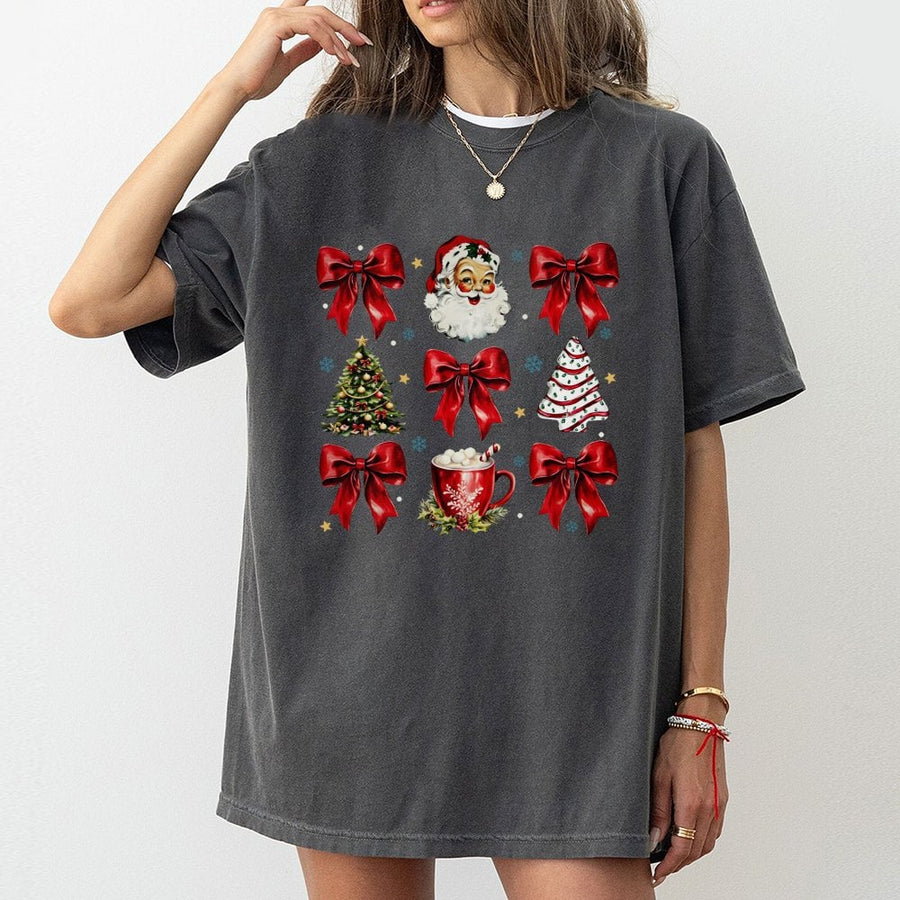 Christmas Bows T-Shirt | Vintage Santa & Cocoa Holiday Graphic | 100% Cotton Premium Tee | Cute Winter Gift for Women & Teens