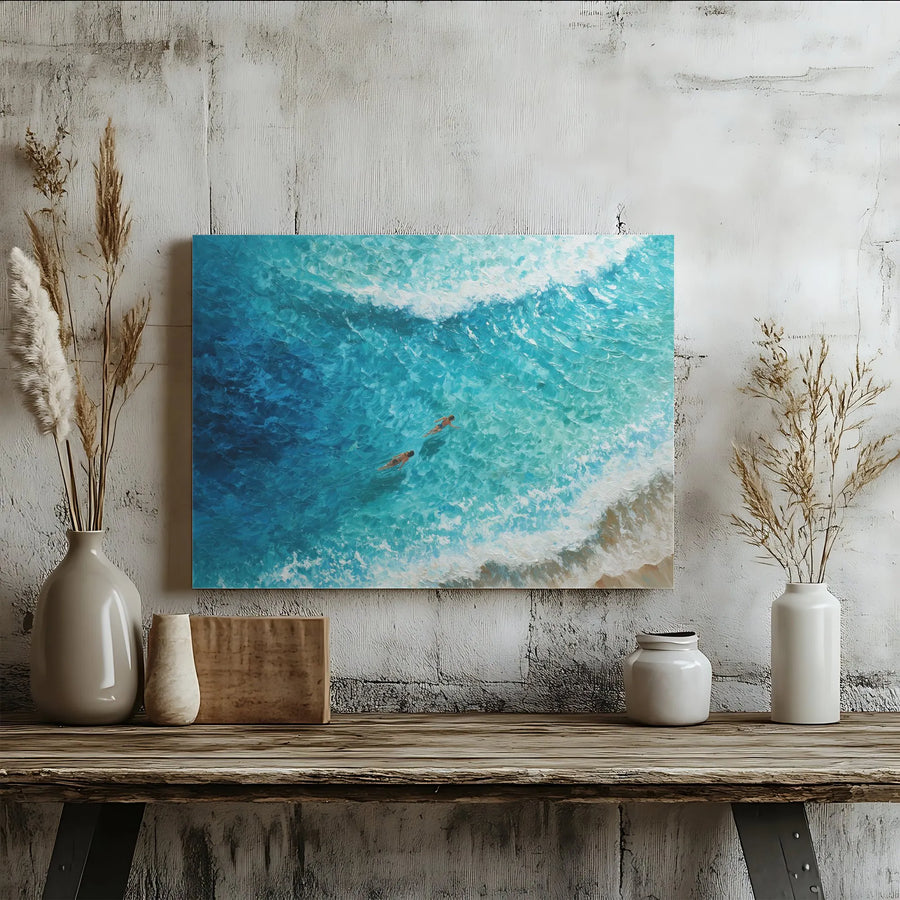 Turquoise Ocean Swimmers Canvas Art | Textured Impasto Beach Waves Print | Premium Gallery Wrap Wall Decor | Coastal Home Office Gift