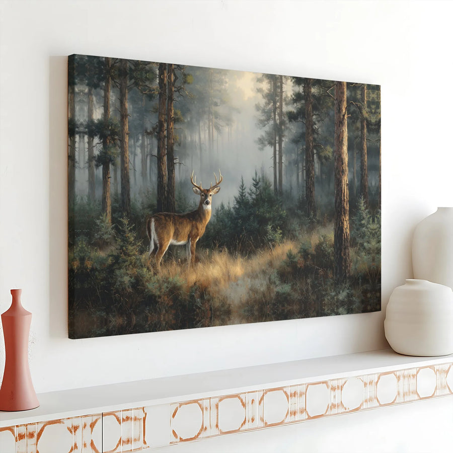 Majestic Buck Deer Forest Horizontal Canvas | Misty Pine Woods Wildlife Painting | Premium 1.25 Inch Gallery Wrap Wall Art | Rustic Cabin Decor Gift for Nature Lovers