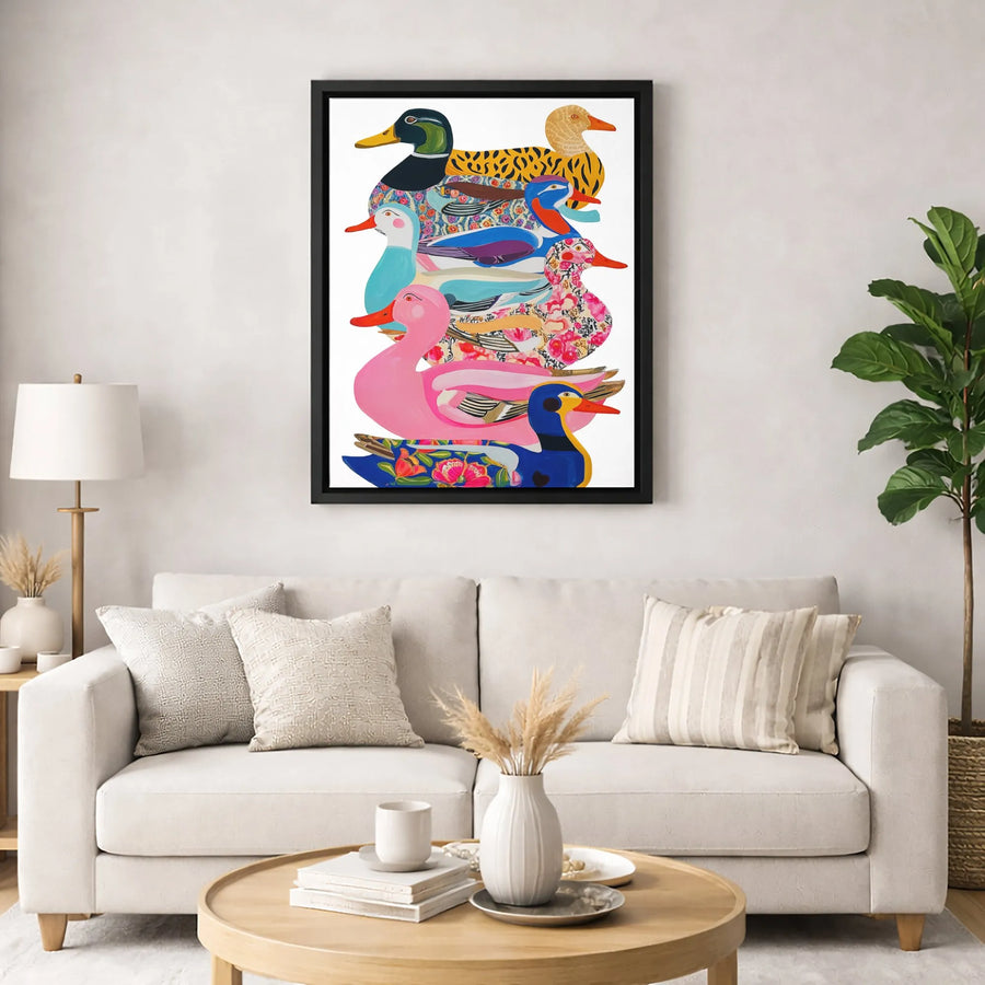 Stacked Ducks Wall Art | Colorful Floral Bird Print | Premium 1.25-Inch Gallery Wrapped Canvas | Whimsical Nursery or Home Decor Gift