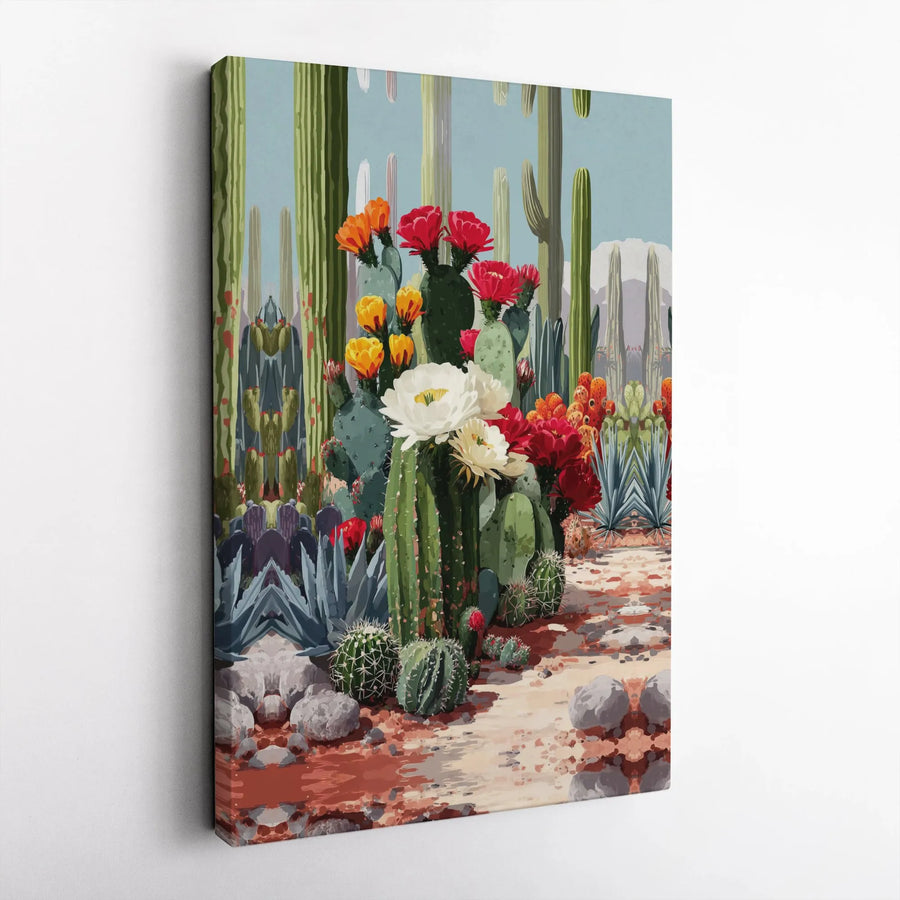Desert Bloom Canvas Wall Art | Colorful Sonoran Desert Scene | Premium Gallery Wrapped Canvas | Southwestern Home Decor Gift