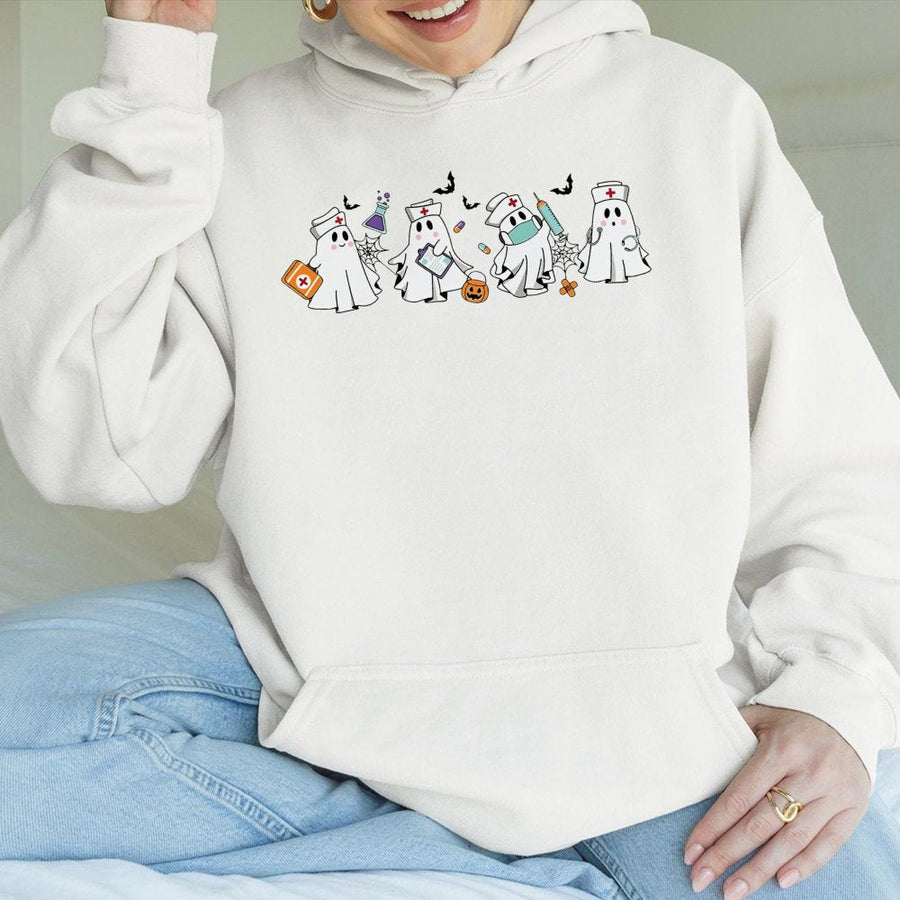 Ghost Nurse Hoodie | Cute Halloween Medical Staff Graphic | Premium Cotton Blend Pullover | Gift for Nurses & Nursing Students