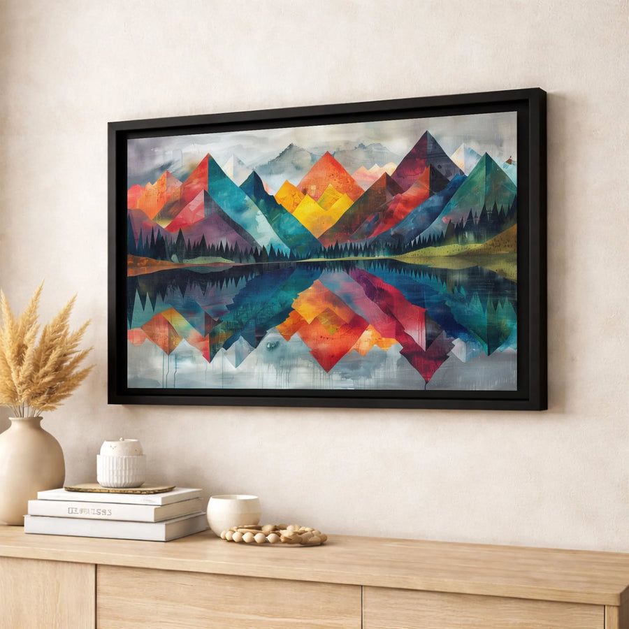 Abstract Mountain Wall Art | Colorful Geometric Landscape Reflection | Premium 1.25" Gallery Wrap Canvas | Modern Home & Office Decor
