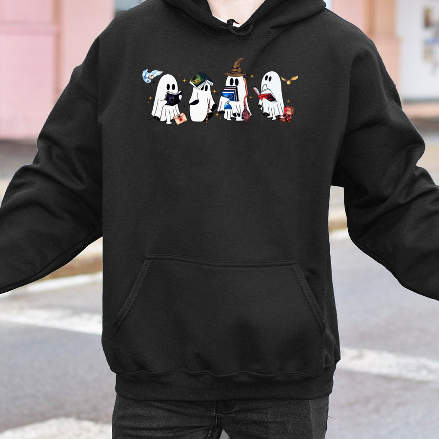 Wizard Ghost Hoodie | Cute Reading Spooky Books Graphic | Premium Cotton Blend | Magical Halloween Gift For Book Lovers