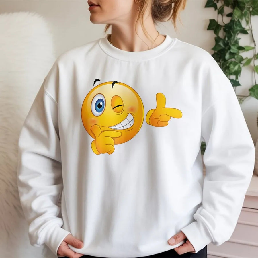 Winking Smiley Finger Guns Sweatshirt | Playful Emoji Graphic Design | Premium Cotton Blend Fabric | Unisex Funny Aesthetic Streetwear Gift