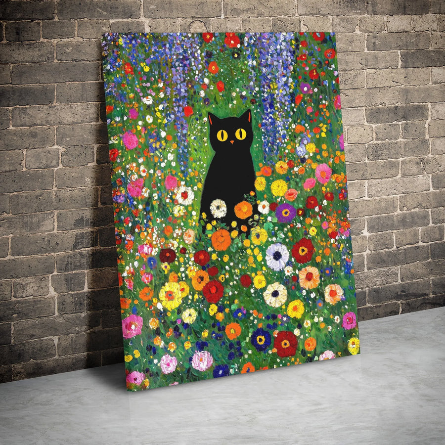 Black Cat Wall Art | Impressionist Flower Garden Canvas Print | 1.25" Gallery Wrap | Whimsical Animal Decor for Cat Lovers