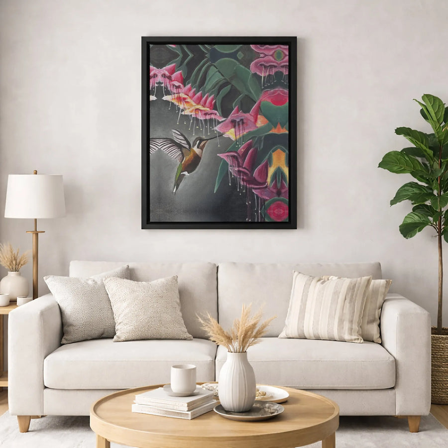 Hummingbird Floral Canvas Print | Symmetrical Fuchsia Flower Wall Art | Gallery Quality Fade-Resistant | Premium Nature Gift for Home Decor