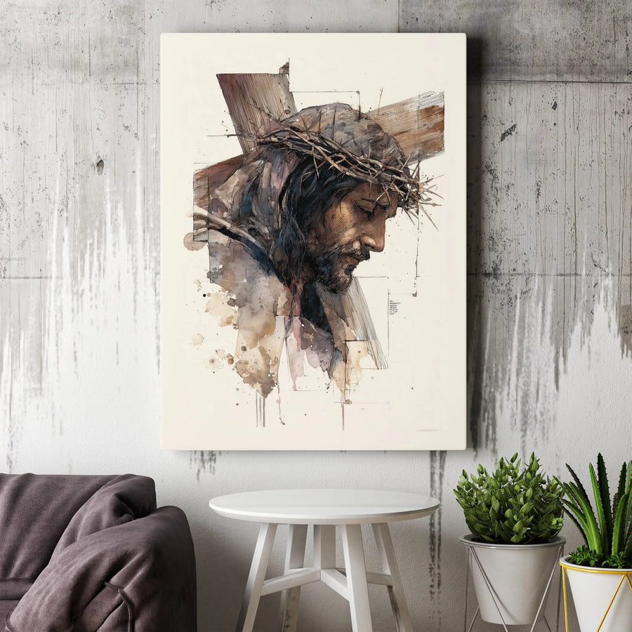 Jesus Christ Canvas Wall Art | Watercolor Sketch with Crown of Thorns | Premium Canvas Print | Inspirational Christian Home Decor Gift