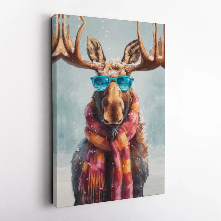 Moose Canvas Wall Art | Whimsical Winter Animal in Sunglasses | Premium Gallery Wrap Decor | Fun Modern Home & Office Gift