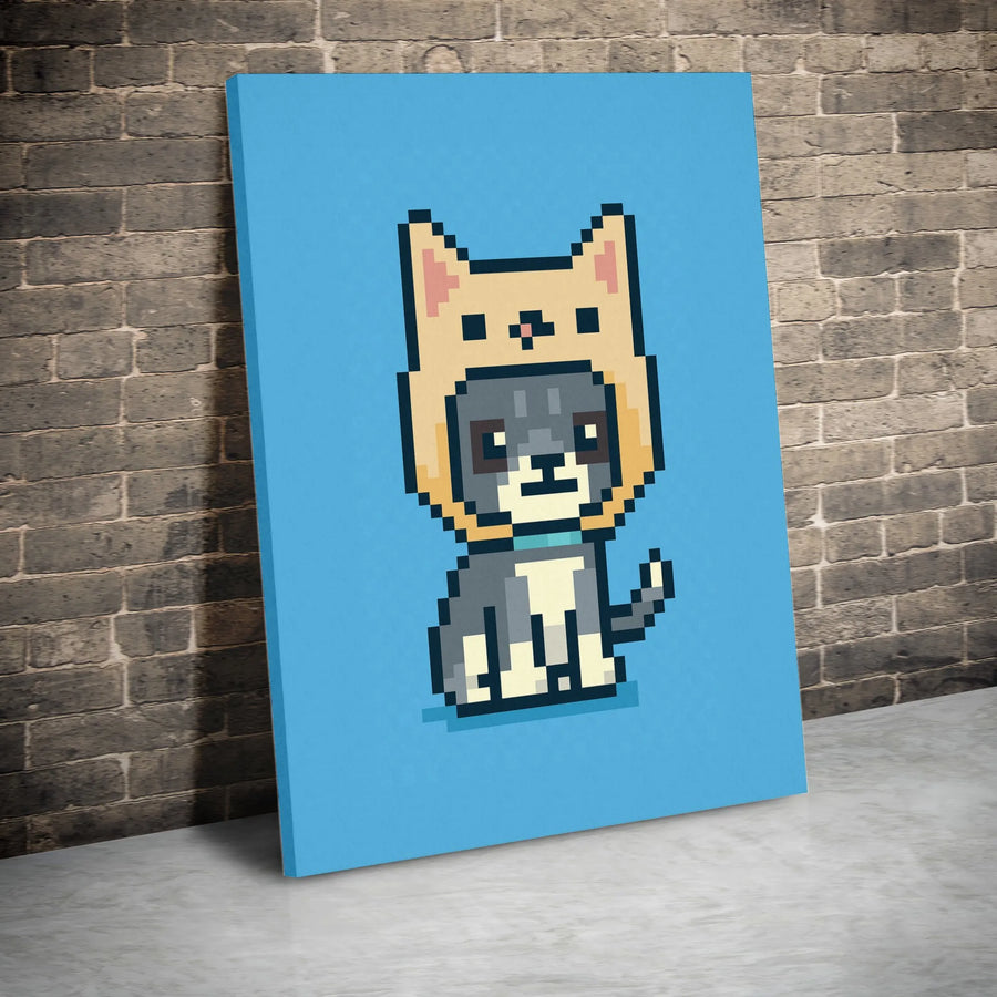 Pixel Art Dog in Cat Hoodie Canvas | Cute 8-Bit Animal Wall Art | 1.25-Inch Premium Gallery Wrap | Modern Home Decor Gift for Gamers