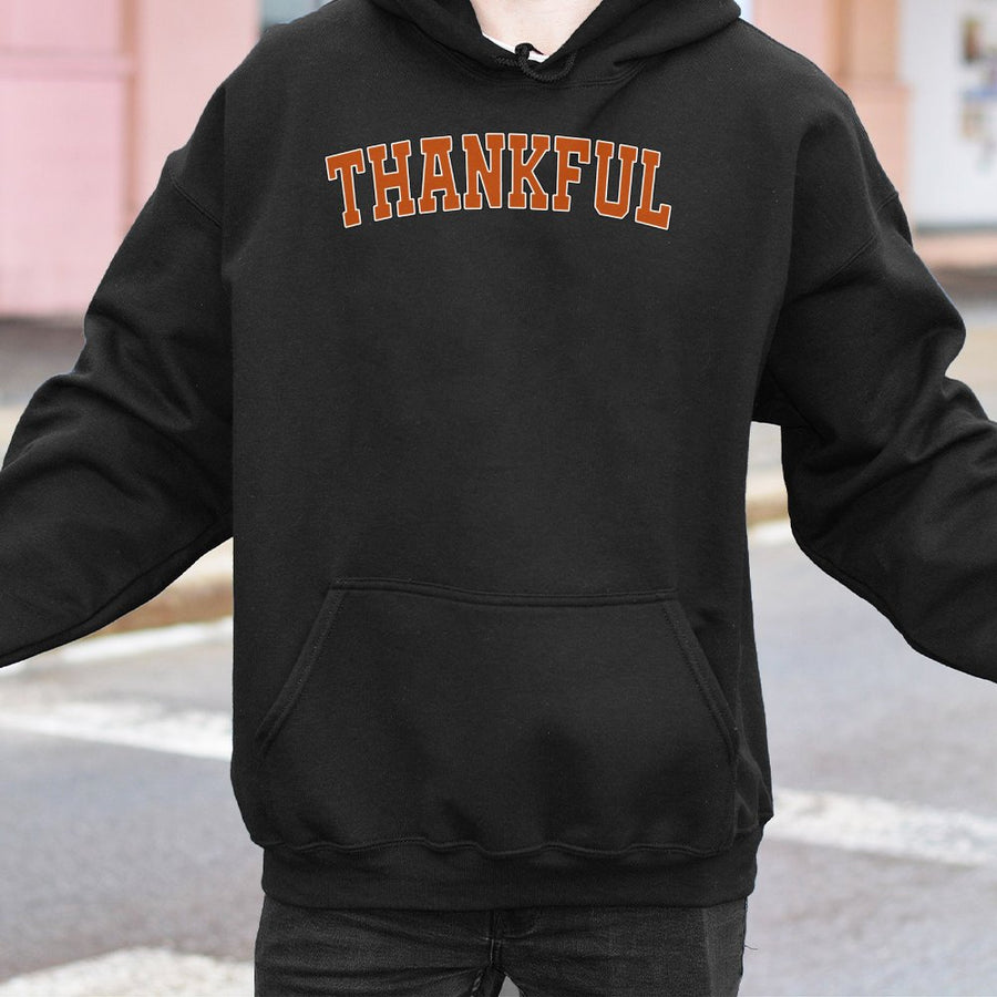 Thankful Hoodie | Varsity College Lettering Graphic | Soft Cotton-Polyester Blend | Trendy Fall Thanksgiving Gift for Women and Men