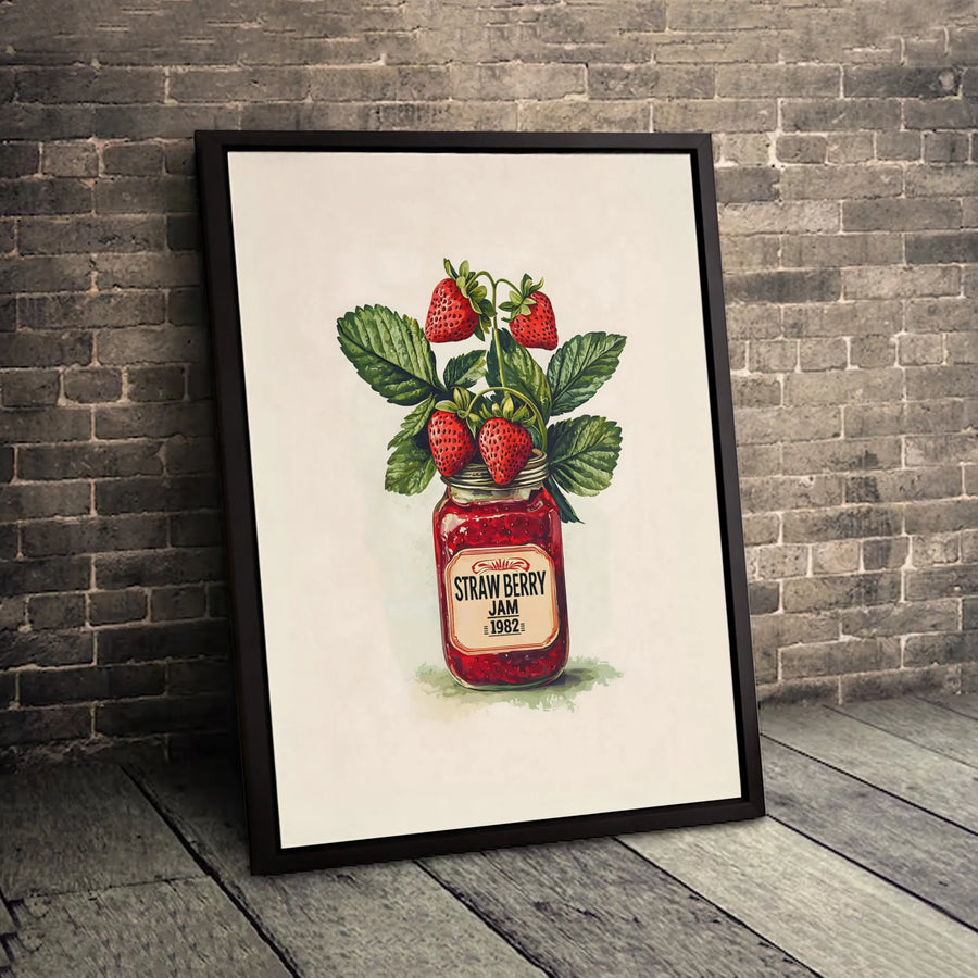 Strawberry Jam Jar Wall Art | Botanical Kitchen Decor | Premium Fade-Resistant Canvas | Vintage Food Illustration Gift for Home Decor