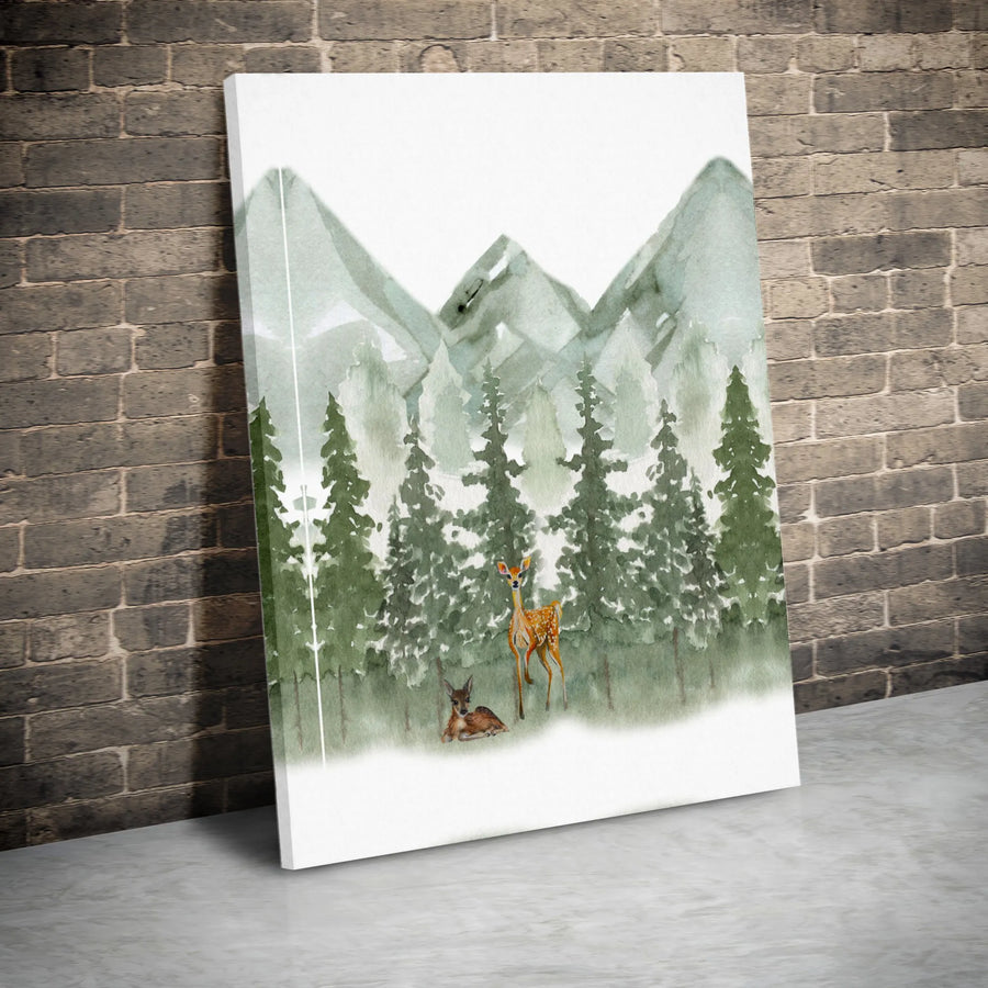 Watercolor Deer Canvas Print | Misty Pine Forest and Mountains | Premium Gallery Wrap Wall Art | Modern Rustic Home Decor for Living Room