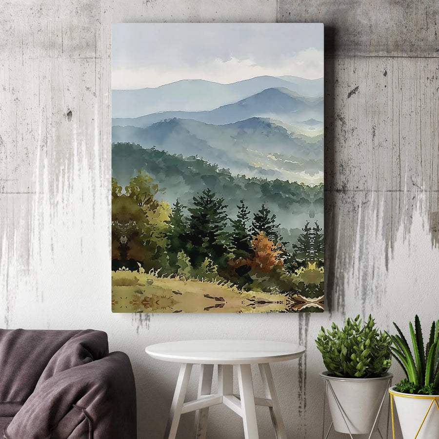 Watercolor Mountain Canvas Wall Art | Misty Forest Minimalist Scenery | Premium Thick Gallery Wrapped Print | Modern Home & Office Decor Gift