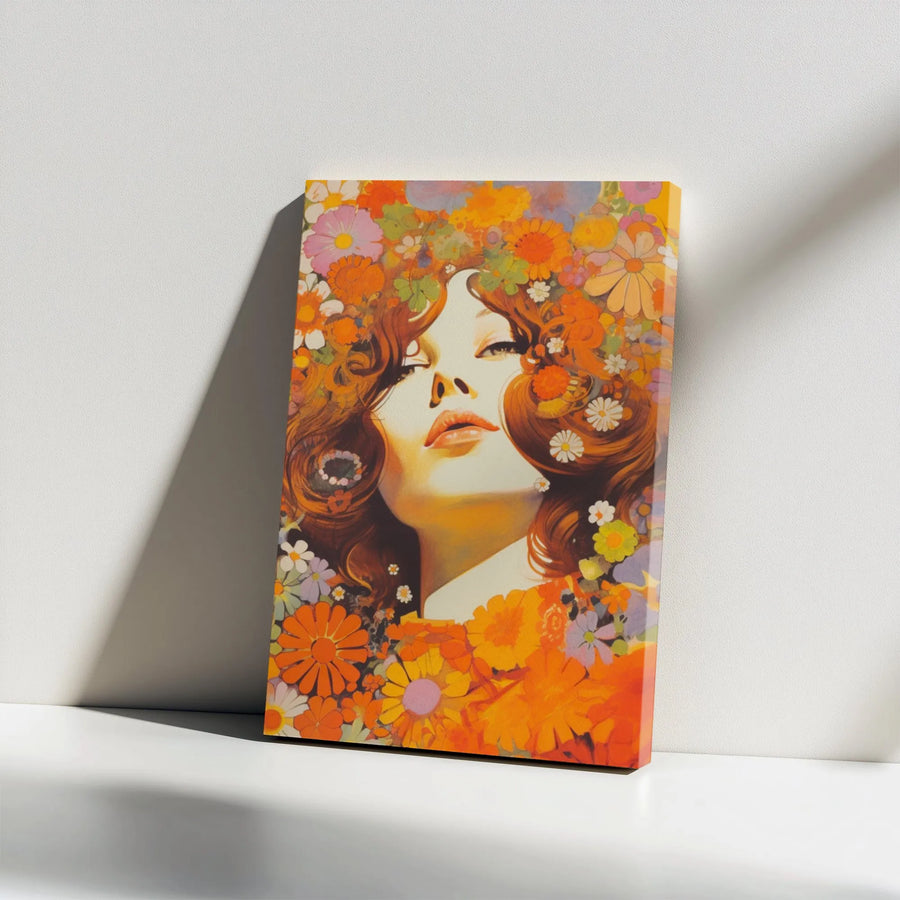 Retro Flower Power Canvas Art | Psychedelic 70s Woman Portrait | Gallery Wrapped Premium Print | Aesthetic Bohemian Wall Decor Gift