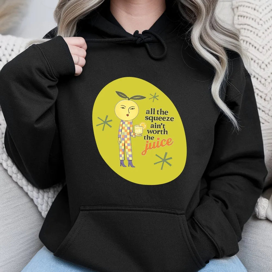 Retro Lemon Character Hoodie | All The Squeeze Ain't Worth The Juice Graphic | Premium Cotton Blend | Funny Foodie Gift Unisex Pullover