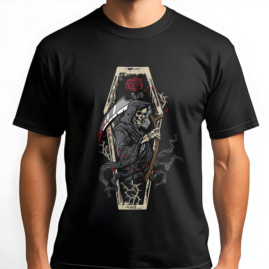Grim Reaper T-Shirt | Gothic Coffin and Rose Graphic Print | Premium 100% Cotton | Dark Fantasy Apparel Gift for Men and Women