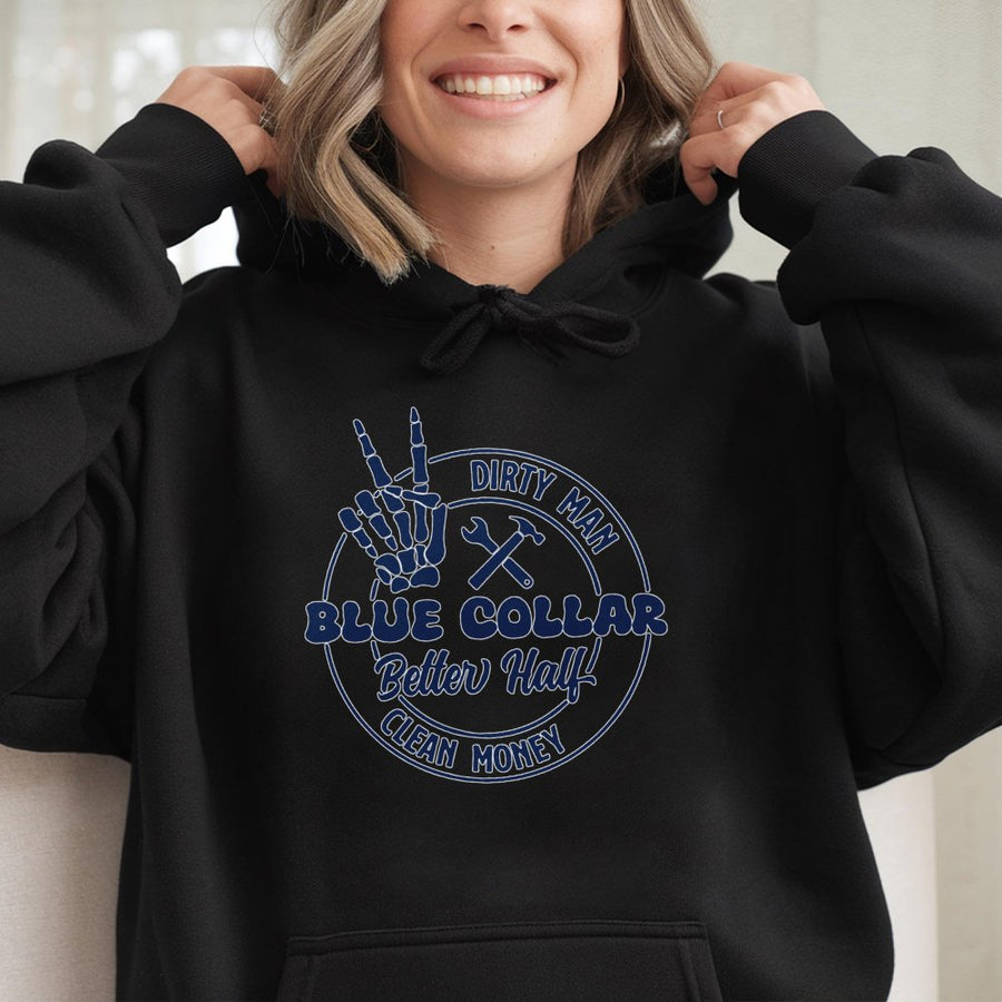 Blue Collar Better Half Hoodie | Skeleton Hand & Tools Graphic | Cotton-Polyester Blend | Funny Construction Worker Gift for Spouse