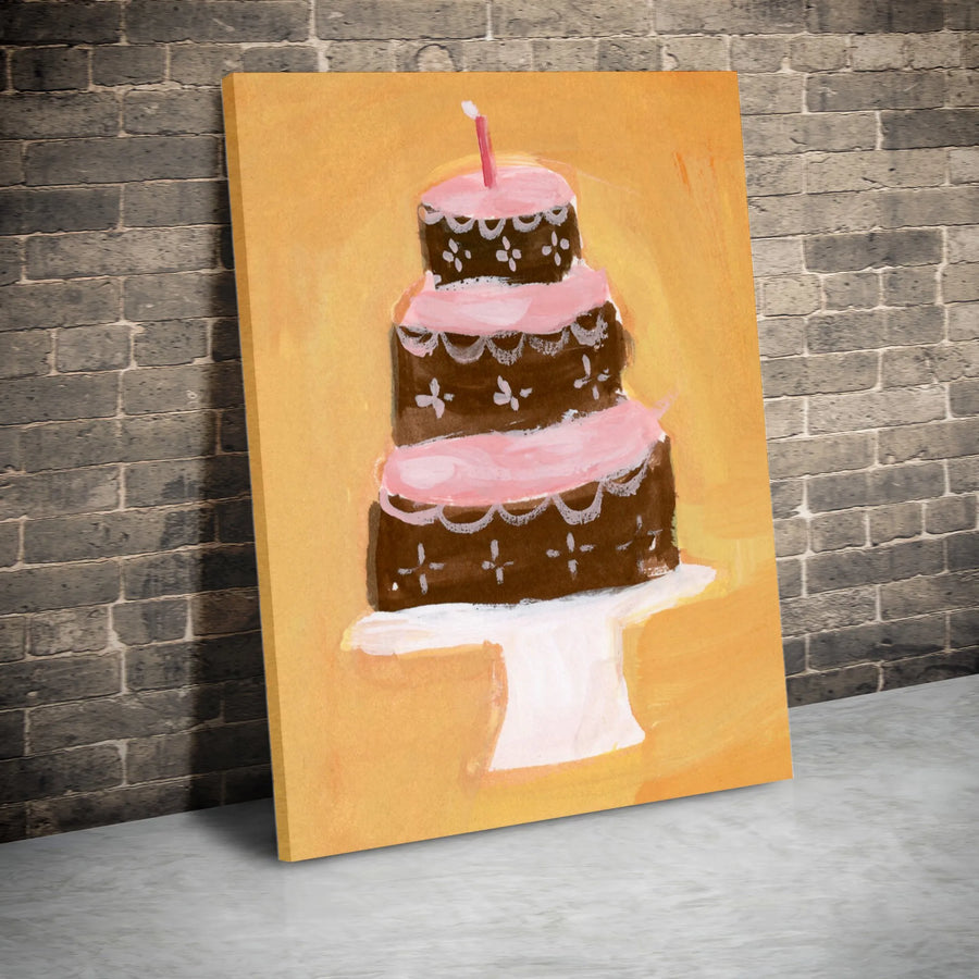 Birthday Cake Canvas Wall Art | Painterly Pink and Chocolate Cake | Premium 1.25" Thick Gallery Wrap | Bakery Decor or Kids Room Gift