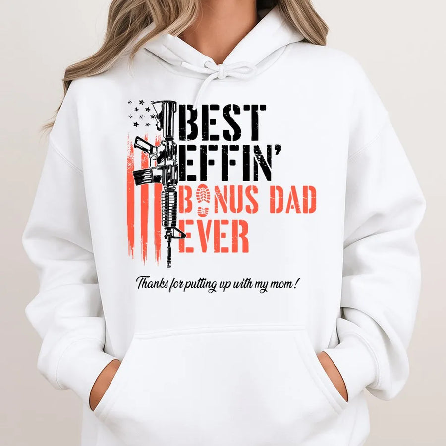 Bonus Dad Hoodie | Funny Stepdad Gift with American Flag Rifle Design | Premium Cotton Blend | Best Bonus Dad Ever Apparel for Father's Day 2026