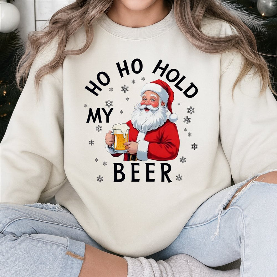 Ho Ho Hold My Beer Sweatshirt | Funny Santa Claus Drinking Graphic | Unisex Premium Cotton Blend | Holiday Party Gift For Men And Women