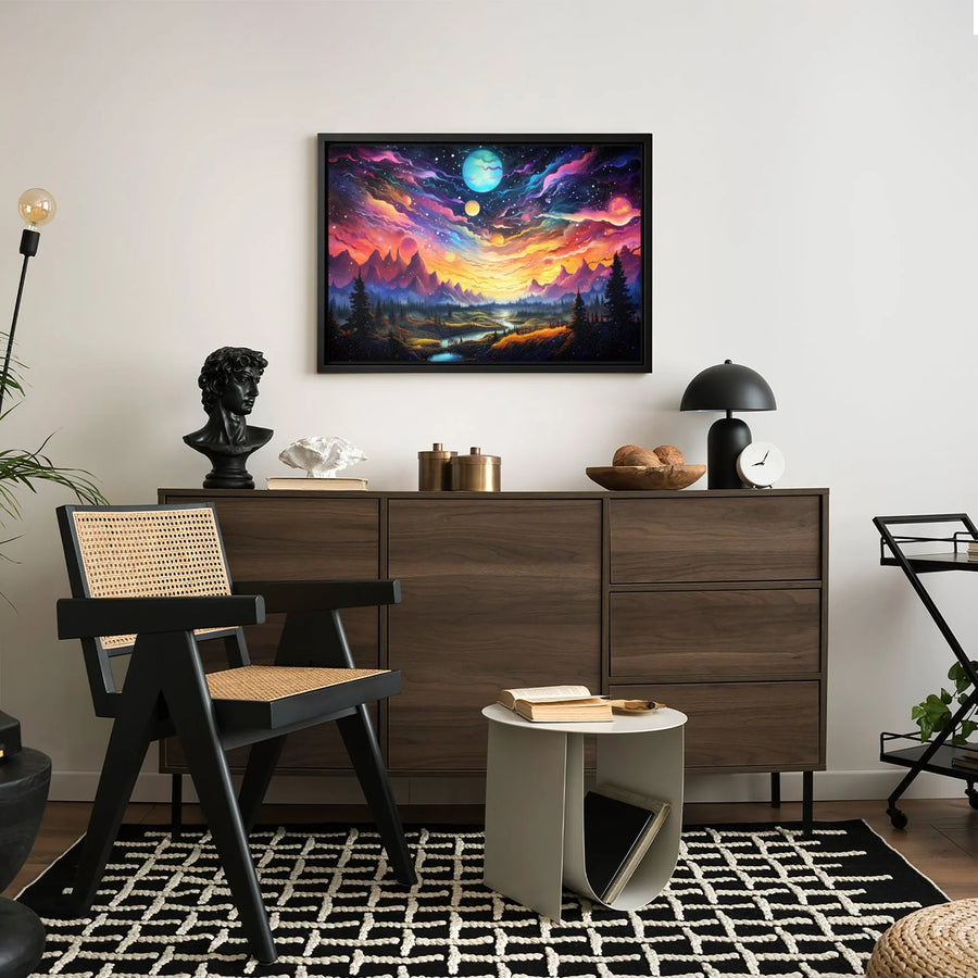 Cosmic Galaxy Mountain Landscape Canvas | Vibrant Surreal Sunset Art | Premium 1.25-Inch Gallery Wrap | Celestial Home Decor Wall Art