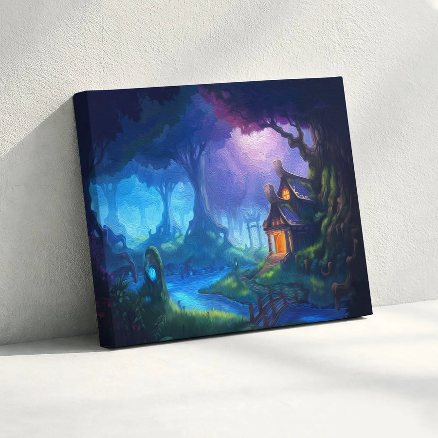 Enchanted Forest Wall Art | Magical Glowing Cottage Canvas Print | Premium Gallery Wrapped Decor | Fantasy Landscape Gift for Home Office