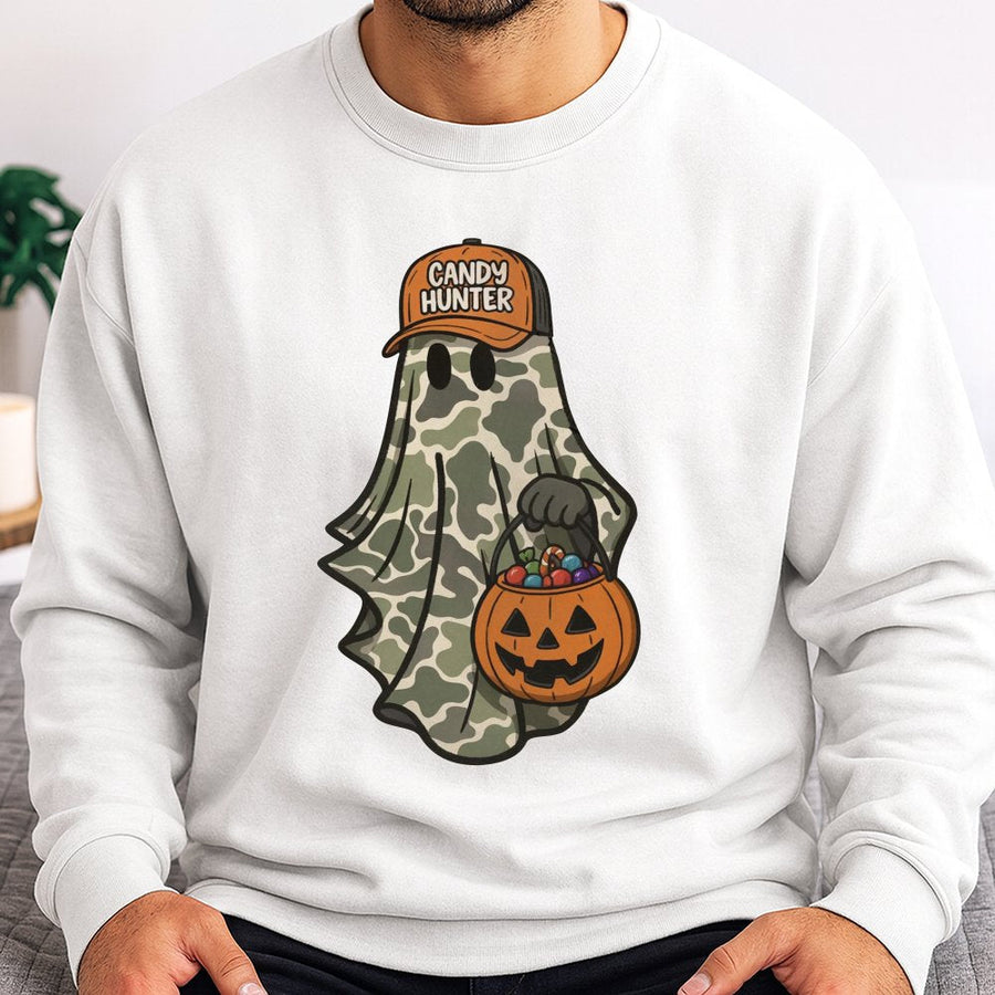 Candy Hunter Ghost Sweatshirt | Camo Pattern Halloween Graphic | Premium Cotton-Blend Pullover | Funny Spooky Season Gift For Him And Her