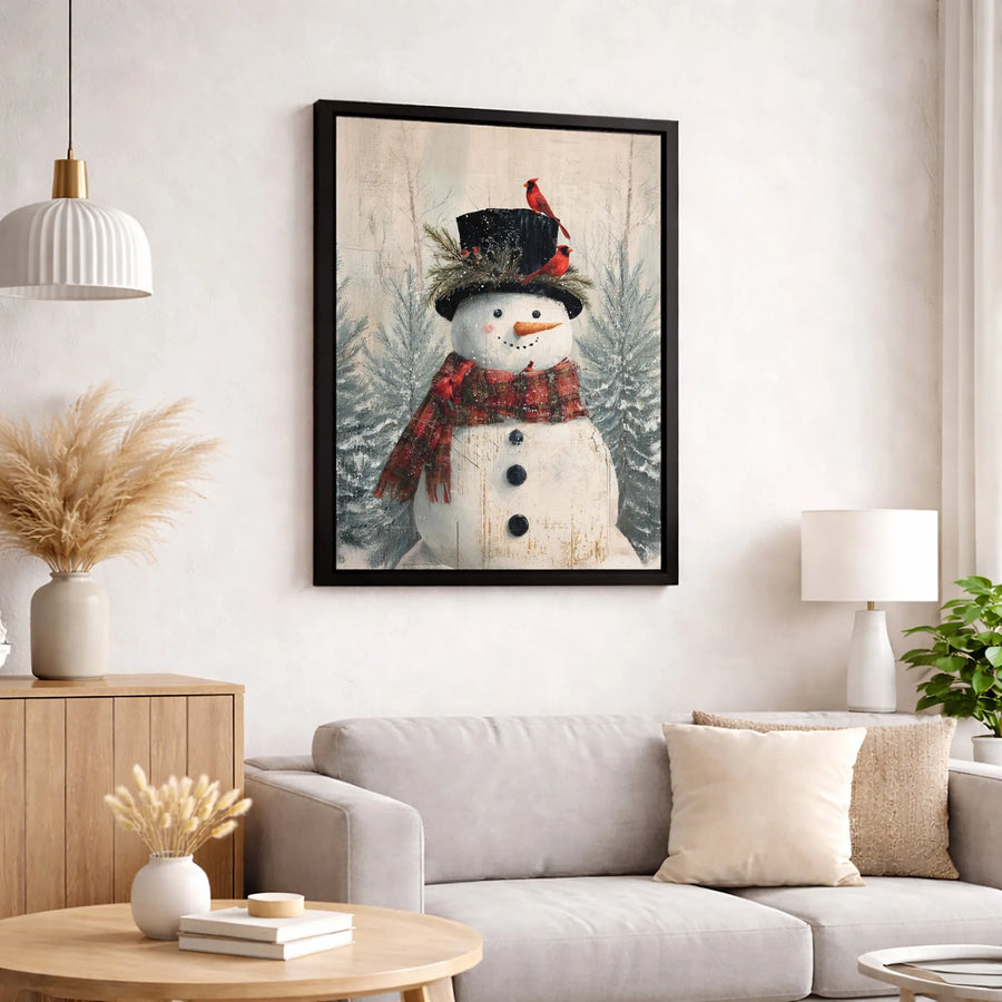 Snowman Canvas Wall Art | Red Cardinal Christmas Decor | Premium Fade-Resistant Print | Festive Winter Farmhouse Holiday Gift
