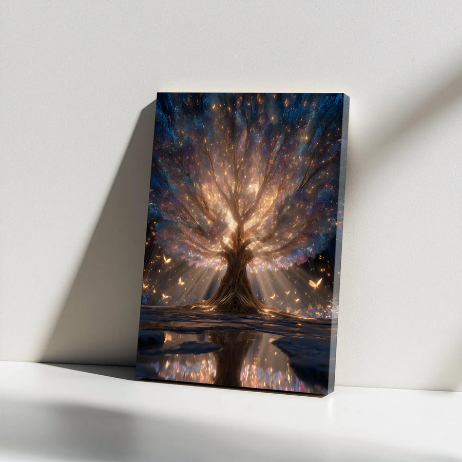 Enchanted Tree of Life Canvas Print | Mystical Forest with Glowing Butterflies | Premium Gallery Wrap Canvas | Spiritual Wall Decor Gift