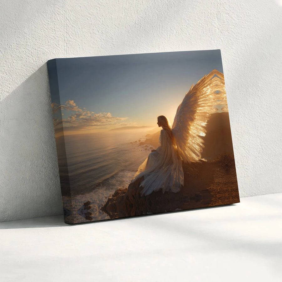 Angel Wall Art Canvas | Ethereal Sunset Ocean Cliff Landscape | Premium Gallery Wrapped Print | Spiritual Home Decor Gift for Serene Living