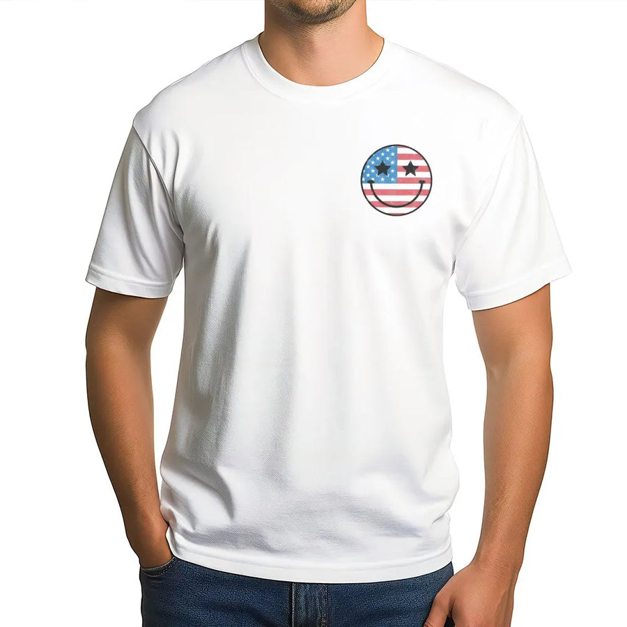 American Flag Smiley Face T-Shirt | Patriotic Graphic Crewneck | Soft Cotton Blend | 4th of July Gift for Men and Women