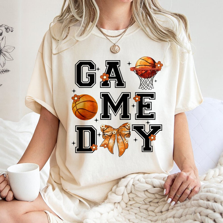 Game Day Basketball T-Shirt | Retro Coquette Bow Graphic Design | 100% Cotton Premium Tee | Cute Basketball Mom Gift for Sports Fans