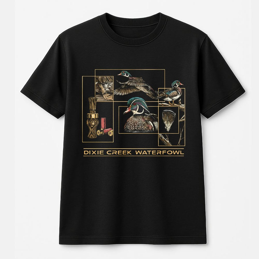 Duck Hunting T-Shirt | Wood Duck Collage Graphic Print | 100% Cotton Premium Apparel | Gift for Hunter Outdoor Enthusiast