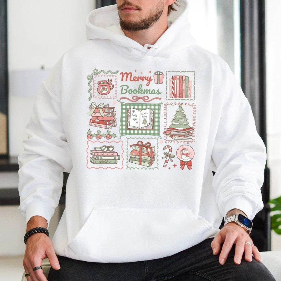 Merry Bookmas Hoodie | Cozy Winter Reading Graphic Sweatshirt | Cotton-Polyester Blend | Perfect Christmas Gift for Book Lovers and Librarians