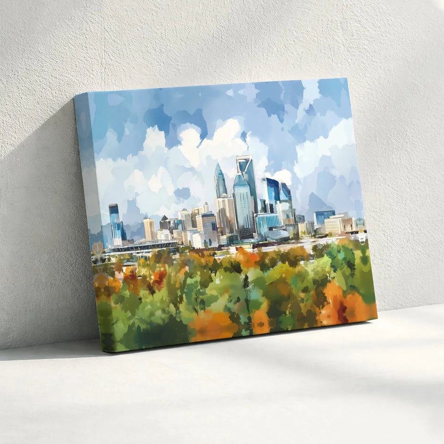 Charlotte North Carolina Skyline Canvas Art | Watercolor Cityscape Print | 1.25-Inch Gallery Wrap | Premium Home & Office Wall Decor