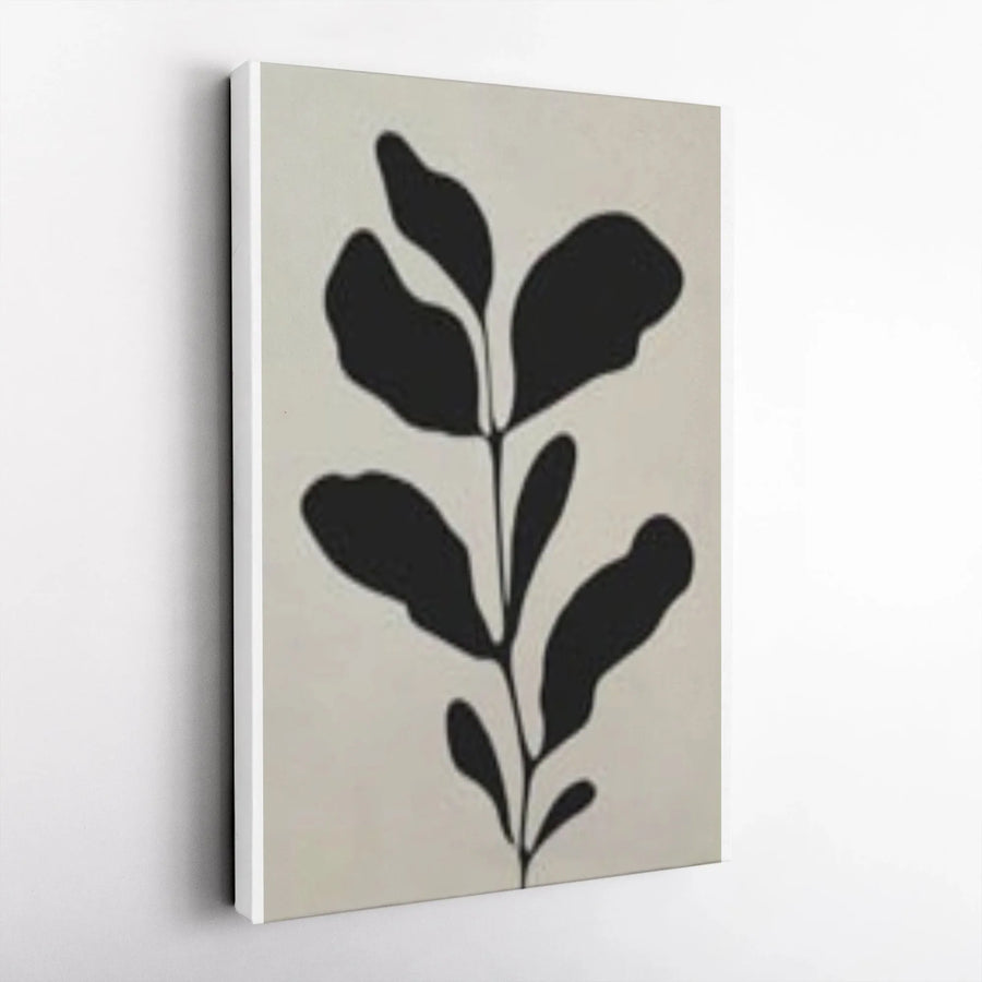 Minimalist Botanical Canvas Wall Art | Black Leaf Silhouette on Beige | Premium Gallery Wrapped Canvas | Modern Scandinavian Home Decor Gift