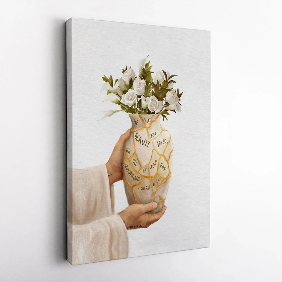 Isaiah 61 Christian Canvas Print | Beauty For Ashes Kintsugi Vase Art | Premium Gallery Wrapped Wall Decor | Inspirational Scripture Gift