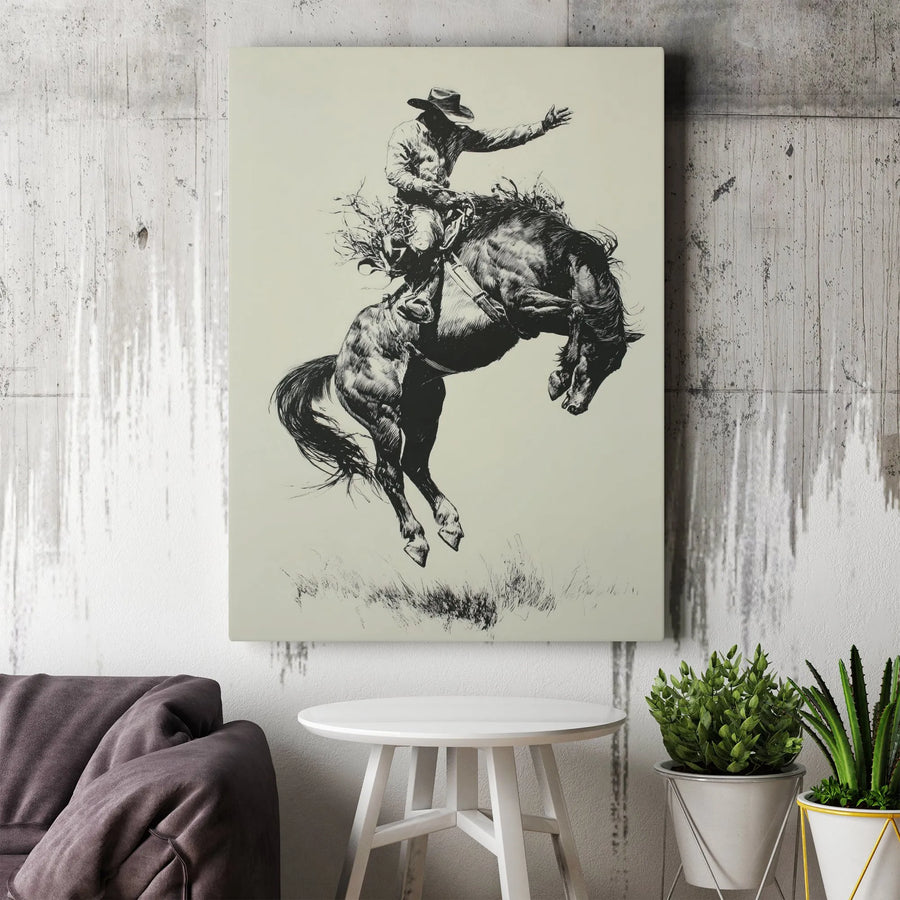 Western Cowboy Wall Art | Bucking Bronco Sketch Print | 1.25 Inch Gallery Wrap Canvas | Rustic Home Decor for Rodeo Fans and Ranchers