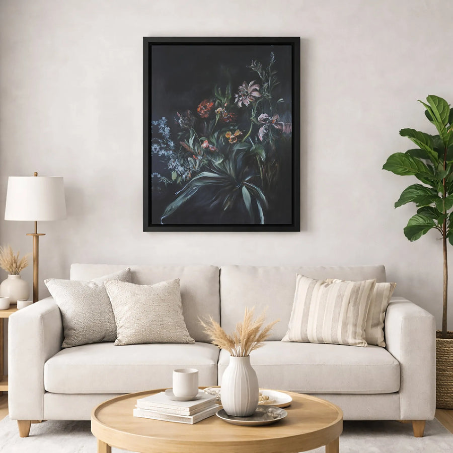 Dark Moody Floral Bouquet Canvas Print | Still Life Oil Painting Style | 1.25-Inch Premium Gallery Profile | Elegant Home & Office Wall Decor