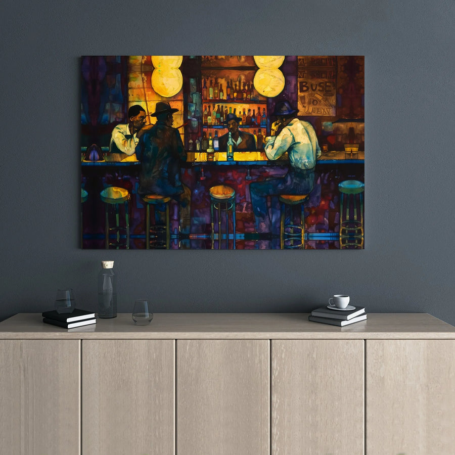 Jazz Club Bar Canvas Art | Vintage Expressionist Tavern Scene | Premium Gallery-Wrapped Print | Music Room & Man Cave Decor