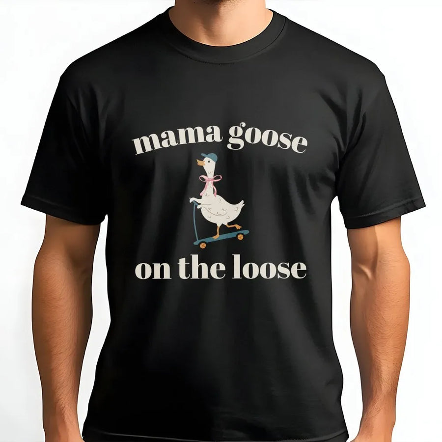 Mama Goose On The Loose T-Shirt | Cute Cartoon Duck Graphic Tee | 100% Premium Soft Cotton | Funny Pregnancy Announcement Gift For Mom