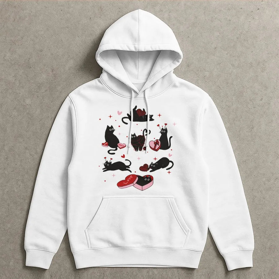 Valentine Black Cat Hoodie | Cute Heart Kitten Graphic Print | Premium Cotton-Blend Pullover | Romantic Cat Mom Gift for Valentine's Day