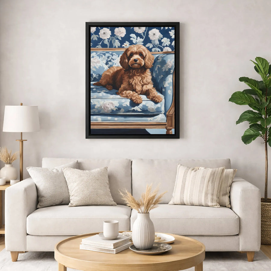 Cockapoo Dog Wall Art | Floral Sofa Portrait Painting | Gallery Wrapped Premium Canvas | Gift for Dog Lovers and Home Decor Enthusiasts