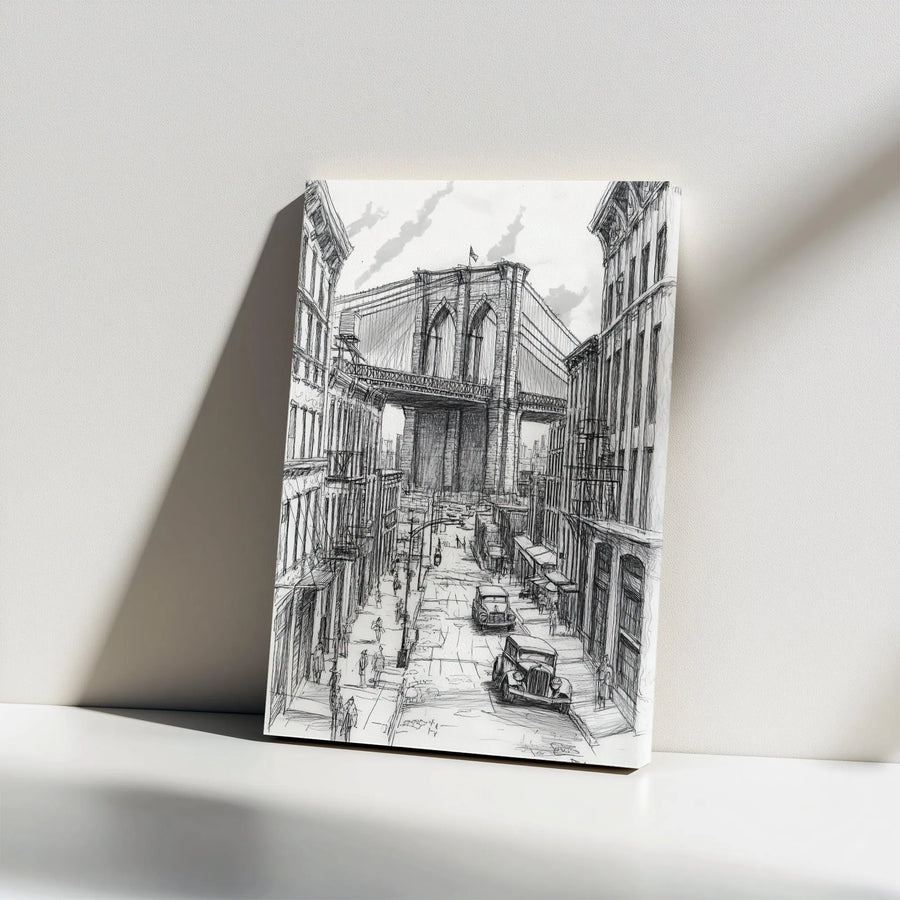 Brooklyn Bridge Sketch Vertical Canvas | Vintage NYC Architectural Drawing | Premium Gallery Wrap Wall Art | Collector's Gift for New York Lover