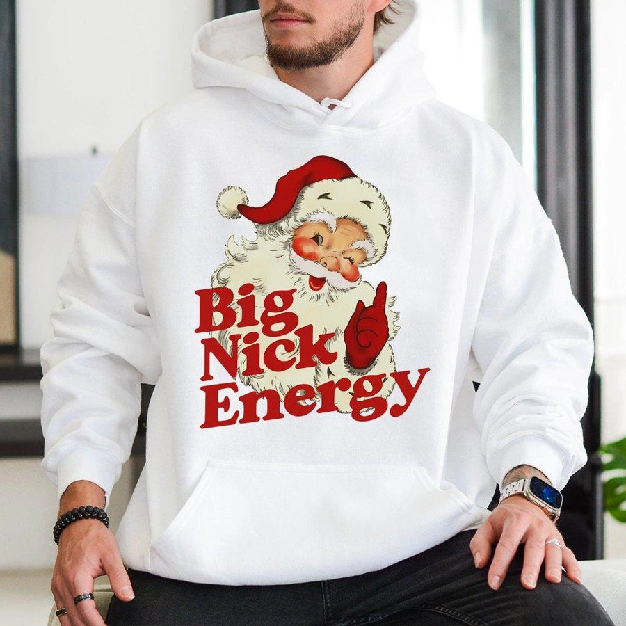 Big Nick Energy Hoodie | Retro Santa Christmas Graphic Sweatshirt | Premium Cotton Blend | Funny Holiday Gift for Men and Women