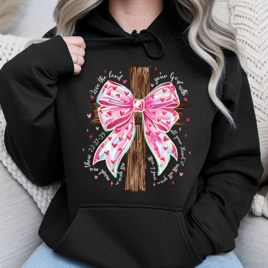 Matthew 22:37-39 Bible Verse Hoodie | Pink Coquette Bow and Wooden Cross | Premium Cotton Blend | Christian Gift for Women and Men